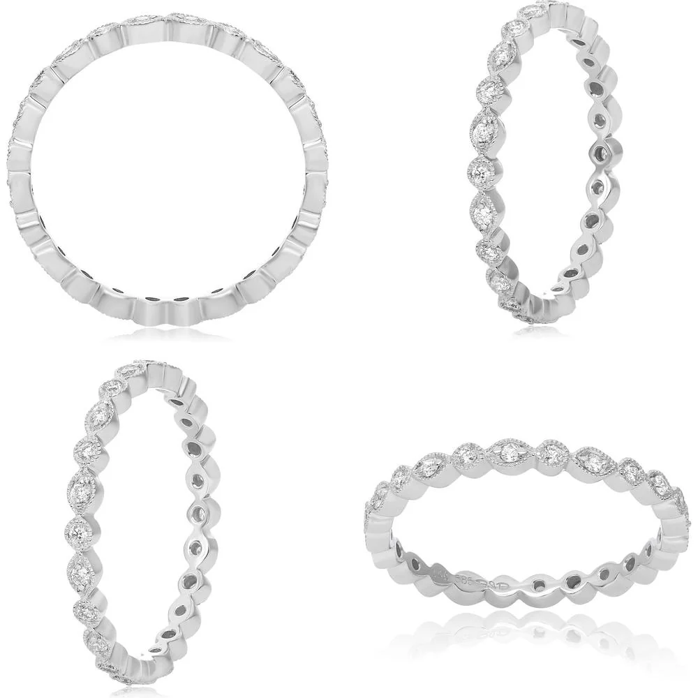 Roman & Jules - 14K White Gold Milgrain Eternity Band with Round Cut Diamonds - 0.21 Carat Total Diamond Weight