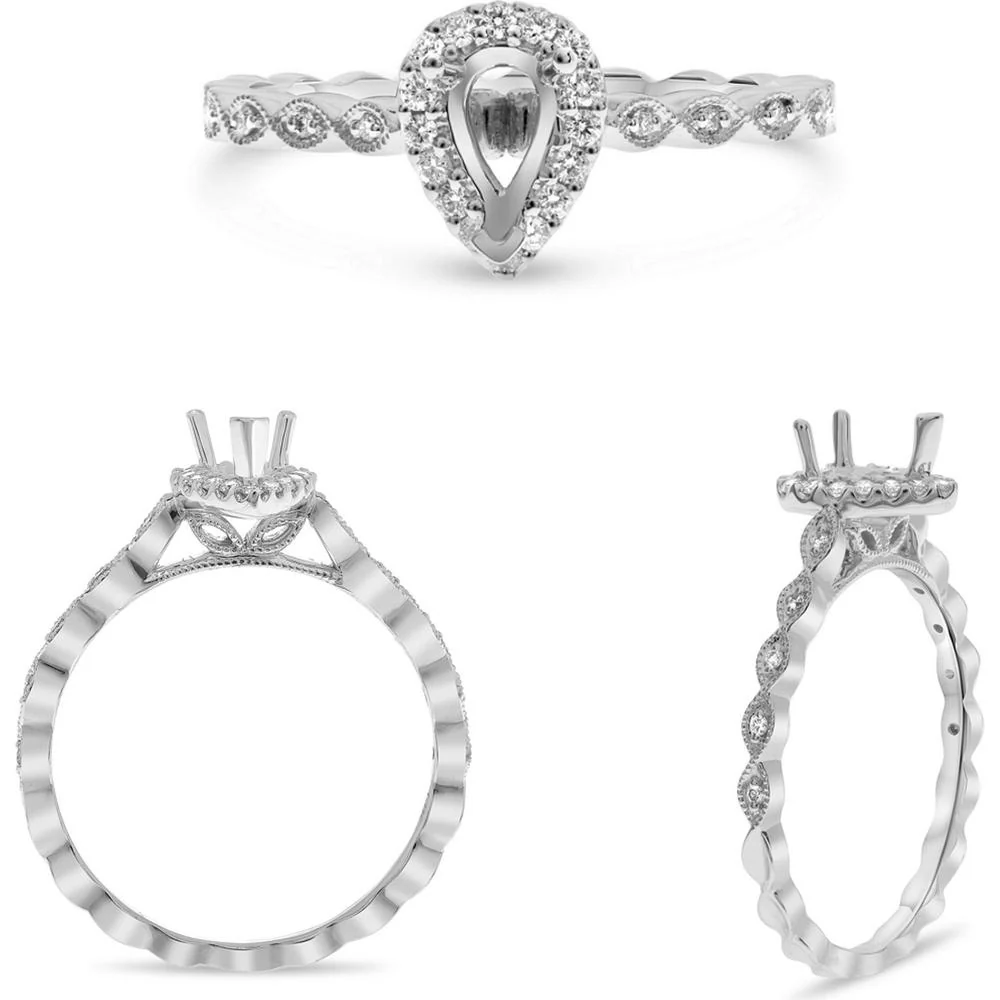 Roman & Jules - 14K White Gold Milgrain Leaf Design Engagement Ring with Halo and Pear-Shaped Diamond Center Stone - 6.00x4.00mm Center Size