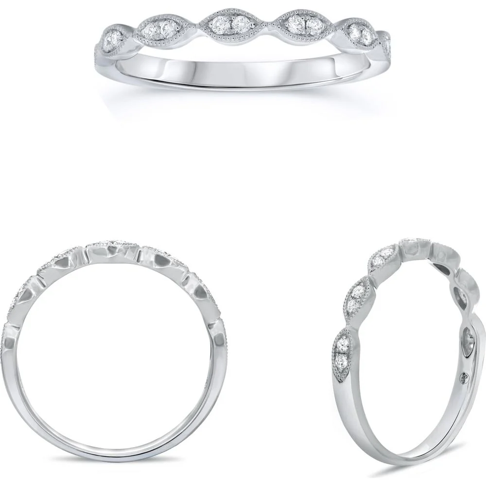 Roman & Jules - 14K White Gold Milgrain Marquise Ring with Round Diamonds - 0.11 Carat Total Diamond Weight