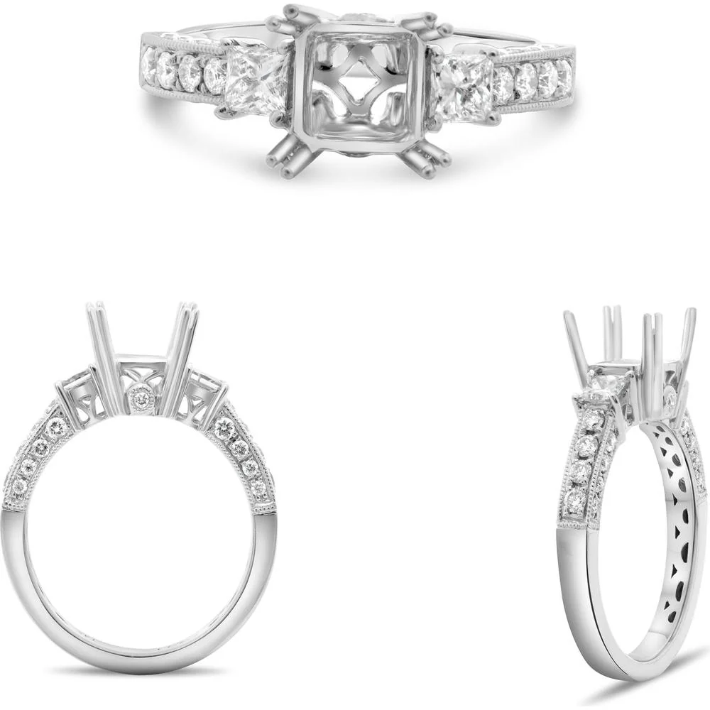Roman & Jules - 14K White Gold Milgrain Princess Cut Engagement Setting with Round Diamond Accents - 0.35 Carat Total Diamond Weight