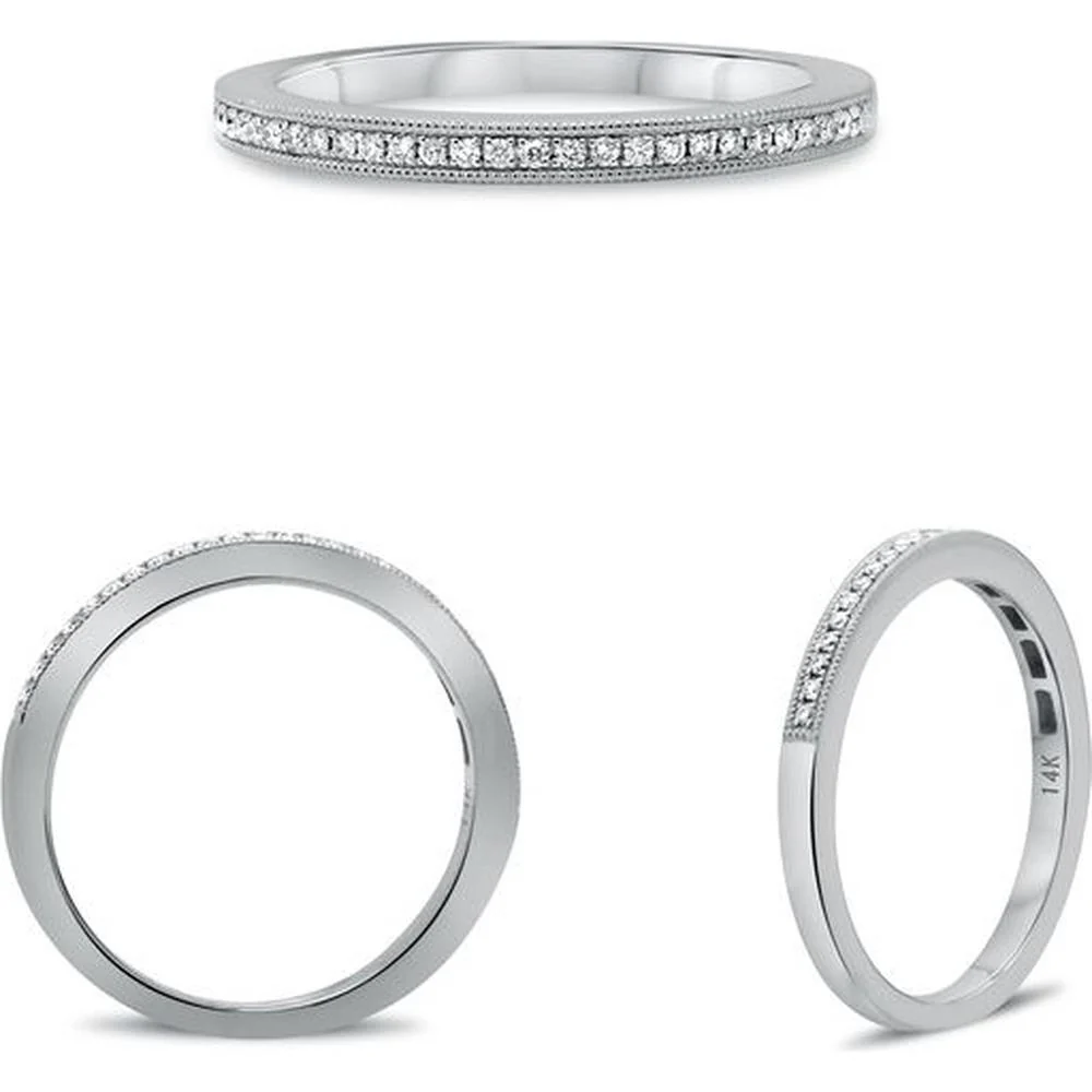Roman & Jules - 14K White Gold Milgrain Round Diamond Pave Band - 0.11 Carat Total Diamond Weight