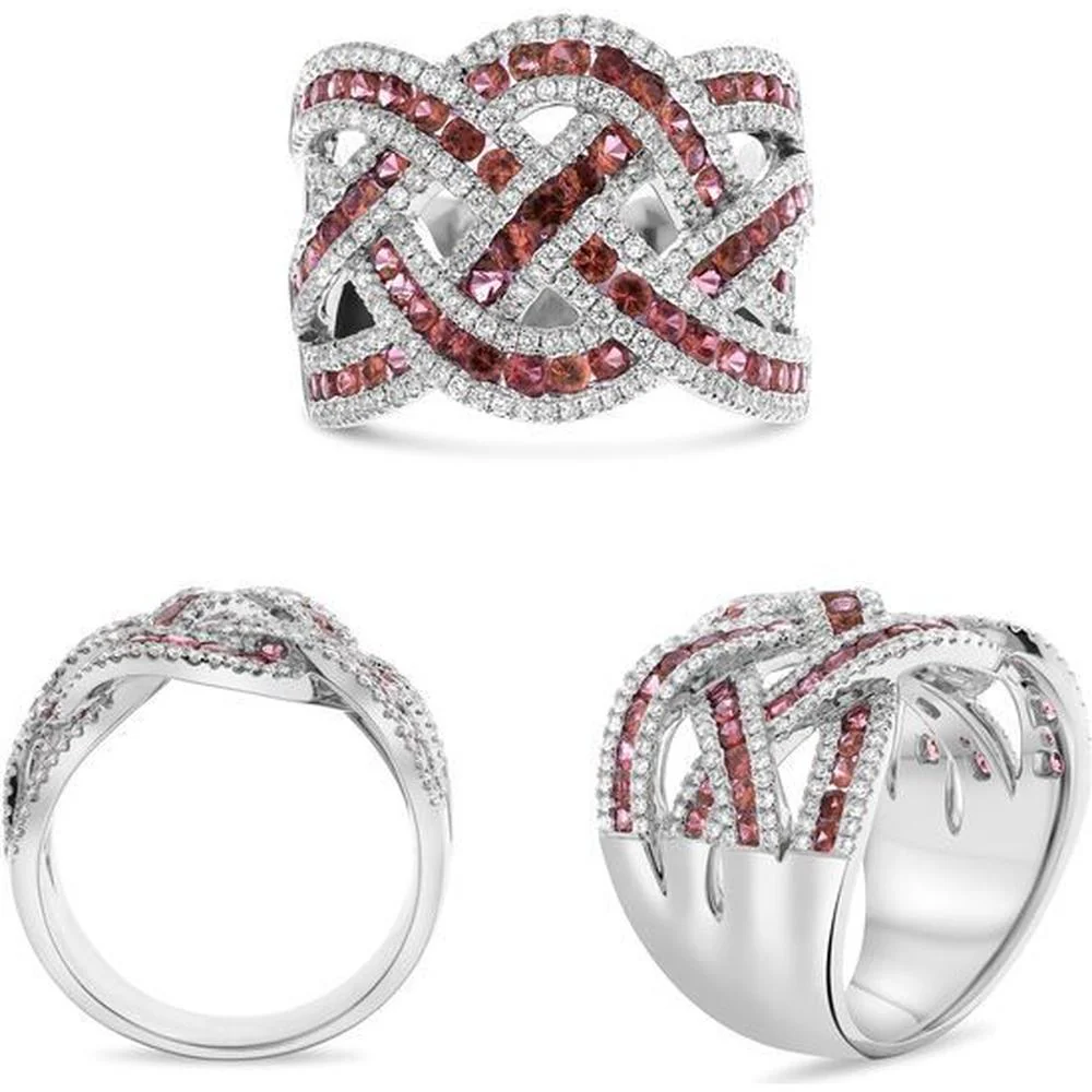 Roman & Jules - 14K White Gold Mixed Shape Ruby Ring with Round Diamond Accents - 1.64 Carat Total Ruby Weight