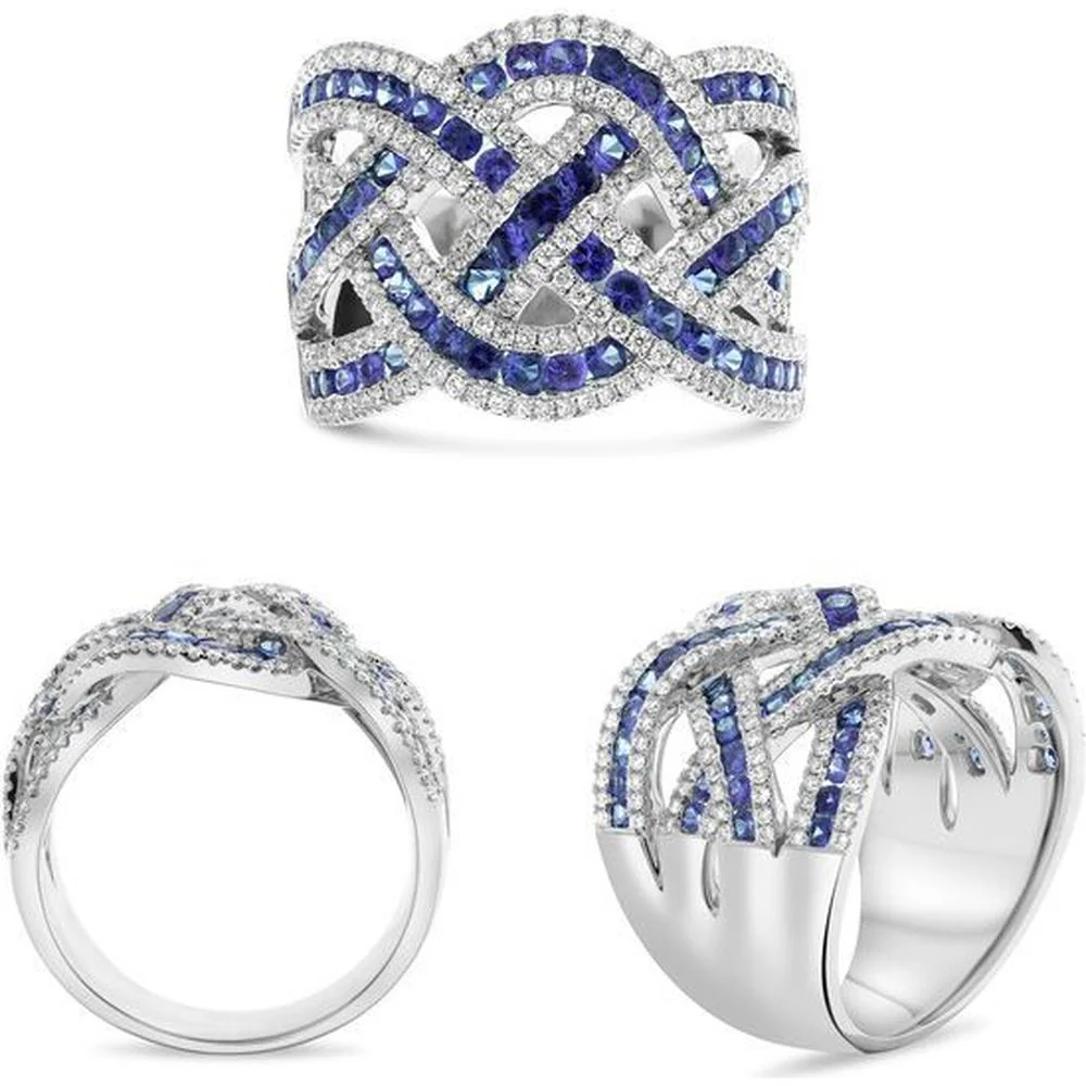 Roman & Jules - 14K White Gold Mixed Shape Sapphire and Diamond Band Ring with Textured Detail