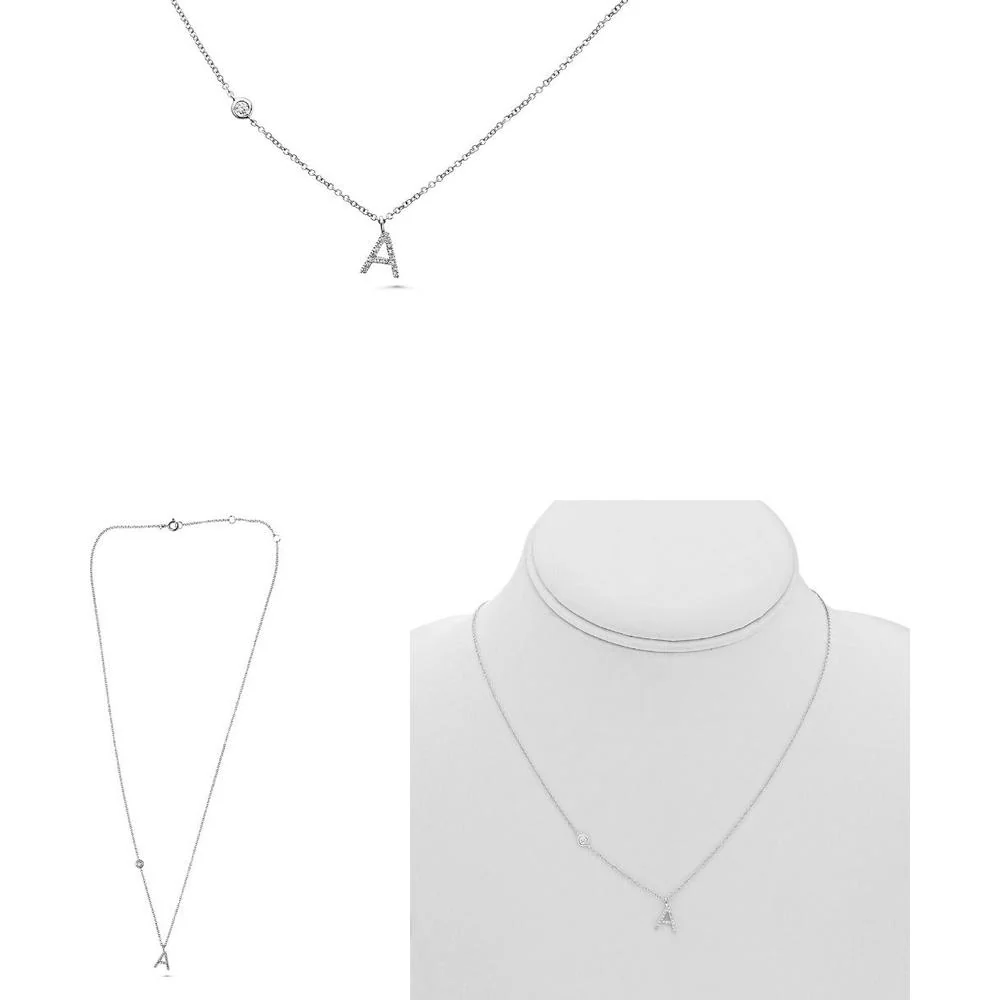 Roman & Jules - 14K White Gold Necklace with Diamond Initial "A" Pendant - 0.09 Carat Diamond Weight
