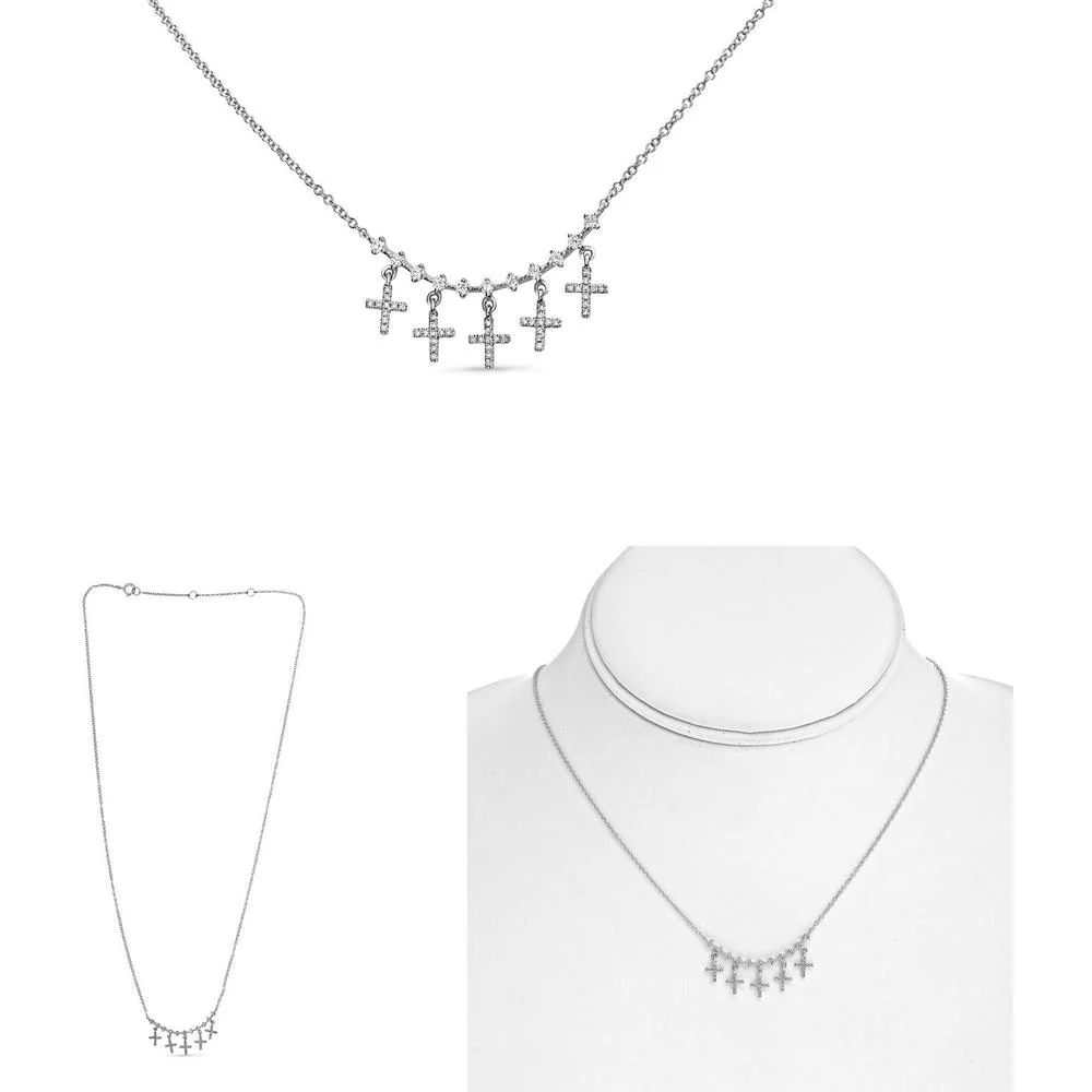 Roman & Jules - 14K White Gold Necklace with Five Cross Pendants and Round Diamonds - 0.28 Carat Total Diamond Weight