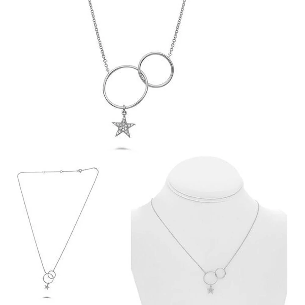 Roman & Jules - 14K White Gold Necklace with Interlocked Circles and Star Charm - 0.04 Carat Total Diamond Weight