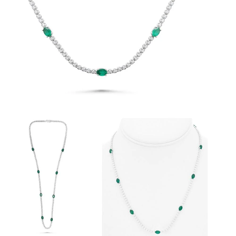 Roman & Jules - 14K White Gold Necklace with Oval Emeralds and Round Diamonds - 2.00 Carat Total Diamond Weight, 3.20 Carat Total Emerald Weight