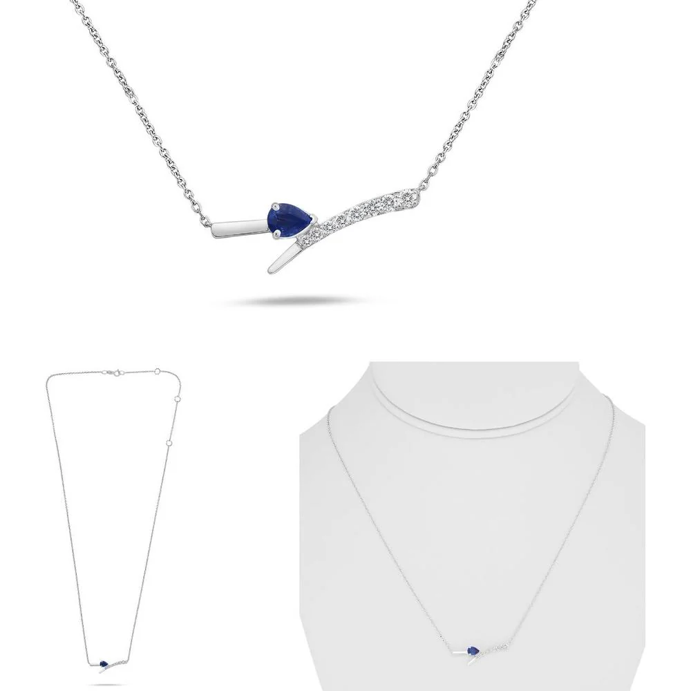 Roman & Jules - 14K White Gold Necklace with Pear-Shaped 0.26 Carat Sapphire and 0.11 Carat Diamond Accented Bar Pendant