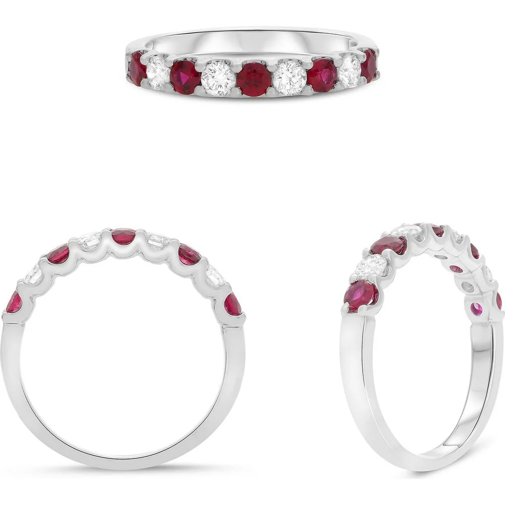 Roman & Jules - 14K White Gold Nine Stone Ruby & Diamond Band - 0.33 Carat Round Diamond, 0.50 Carat Ruby