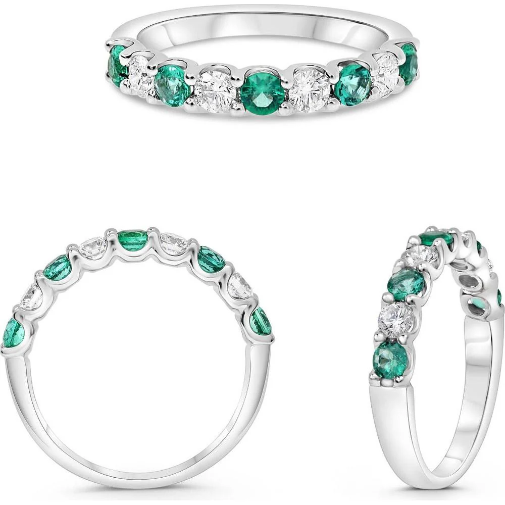Roman & Jules - 14K White Gold Nine-Stone Wedding Band with Round White Diamonds and Emeralds - 0.45 Carat Total Diamond Weight