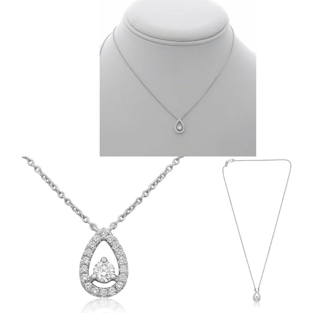 Roman & Jules - 14K White Gold Open Pear Necklace with Halo Setting and Round Diamonds - 0.18 Carat Total Diamond Weight