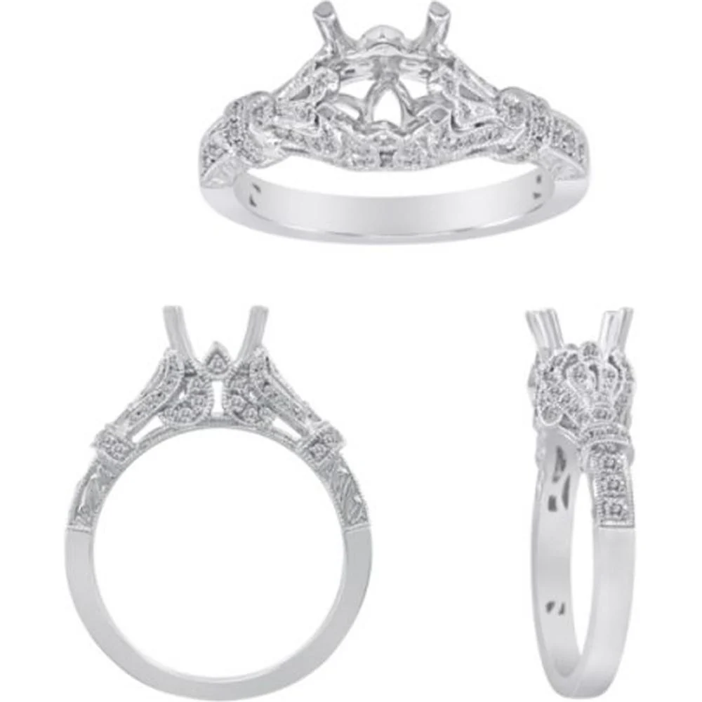 Roman & Jules - 14K White Gold Ornate Diamond Pave Engagement Ring with 0.31 Carat Round Diamonds
