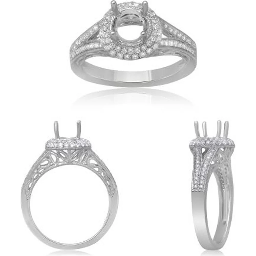 Roman & Jules - 14K White Gold Ornate Split Shank Engagement Setting with 0.42 Carat Total Round Diamonds