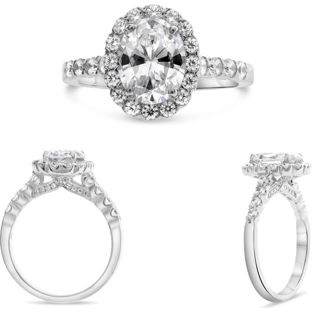 Roman & Jules - 14K White Gold Oval Diamond Four Prong Halo Engagement Ring with Round Diamonds - 0.67 Carat Total Diamond Weight