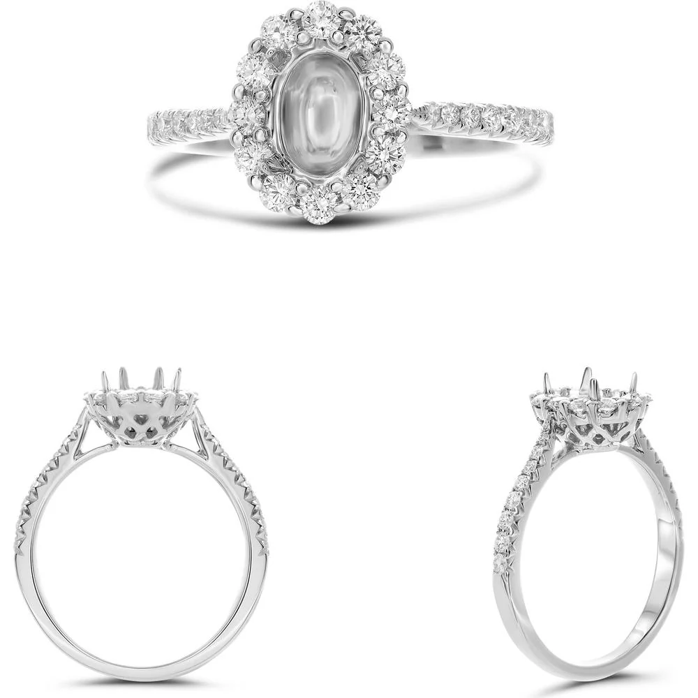 Roman & Jules - 14K White Gold Oval Diamond Halo Engagement Ring Setting with 0.54 Carat Total Diamond Weight