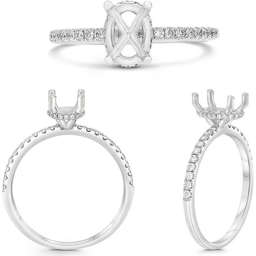 Roman & Jules - 14K White Gold Oval Diamond Ring with Hidden Full Halo and Micro Pave - 0.23 Carat Total Diamond Weight