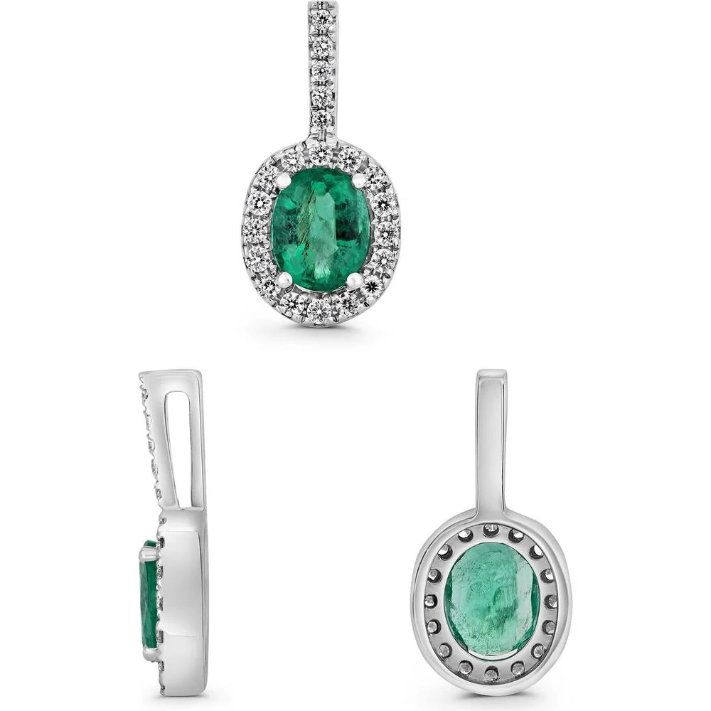 Roman & Jules - 14K White Gold Oval Emerald Pendant with Diamond Halo - 0.80 Carat Emerald, 0.10 Carat Diamond