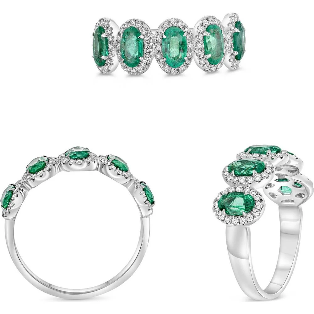Roman & Jules - 14K White Gold Oval Emerald Ring with Round Diamond Halo - 1.03 Carat Total Gem Weight