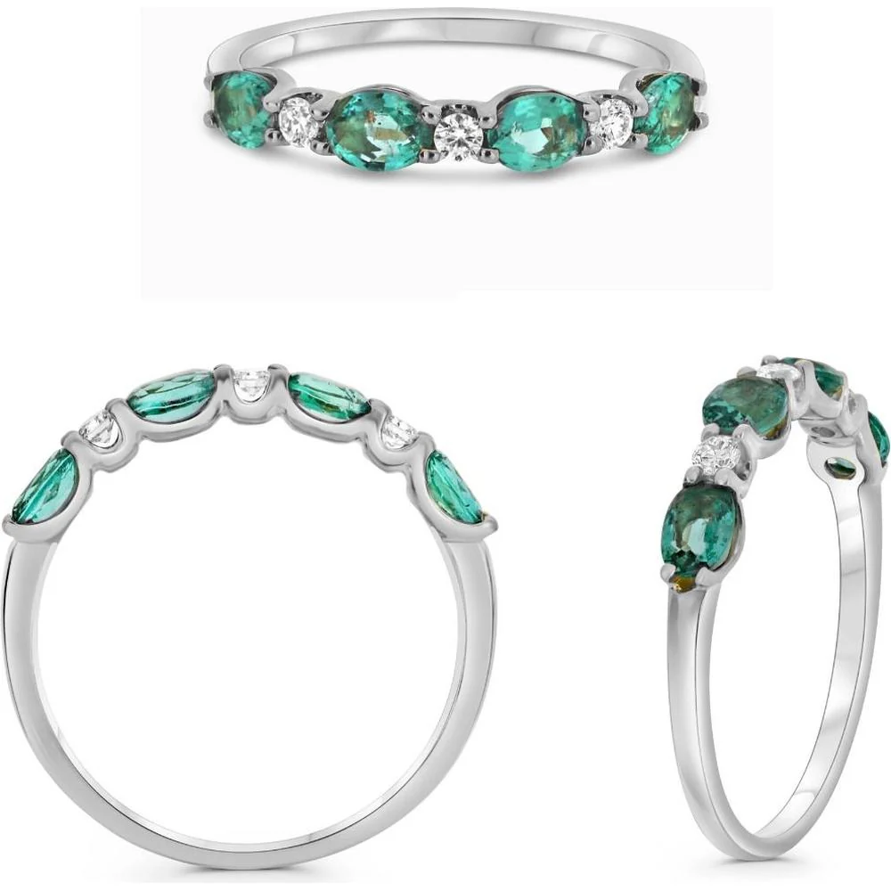 Roman & Jules - 14K White Gold Oval Emerald Ring with Round Diamonds - 0.63 Carat Total Gem Weight