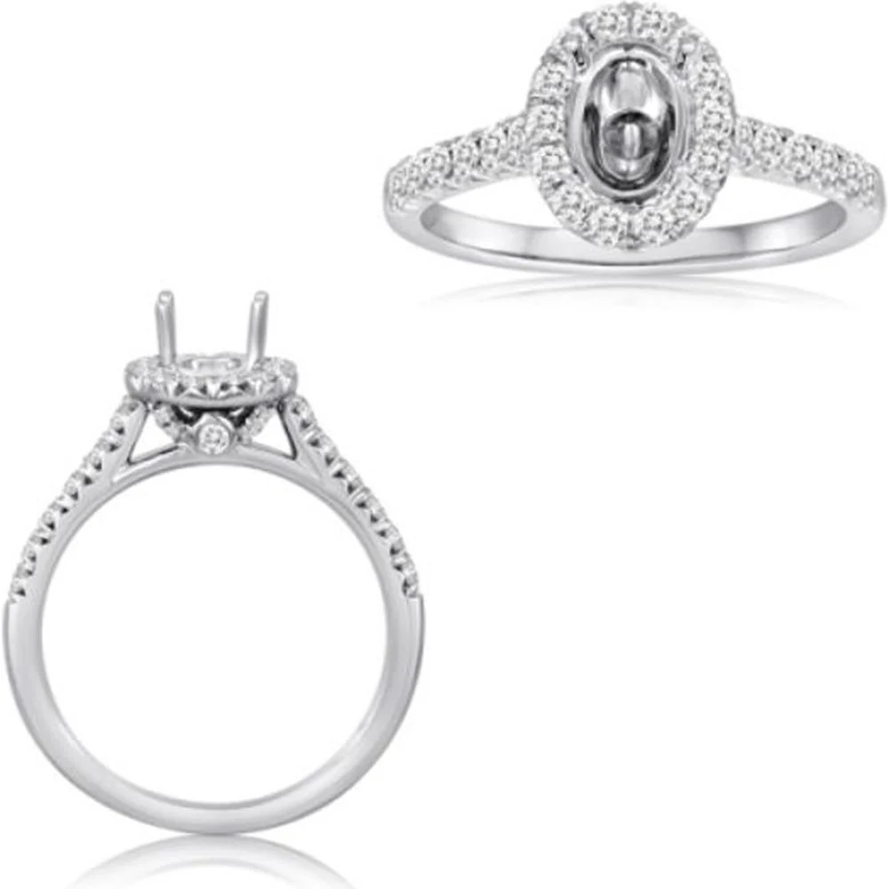 Roman & Jules - 14K White Gold Oval Halo Diamond Ring with Round Diamonds - 0.55 Carat Total Diamond Weight