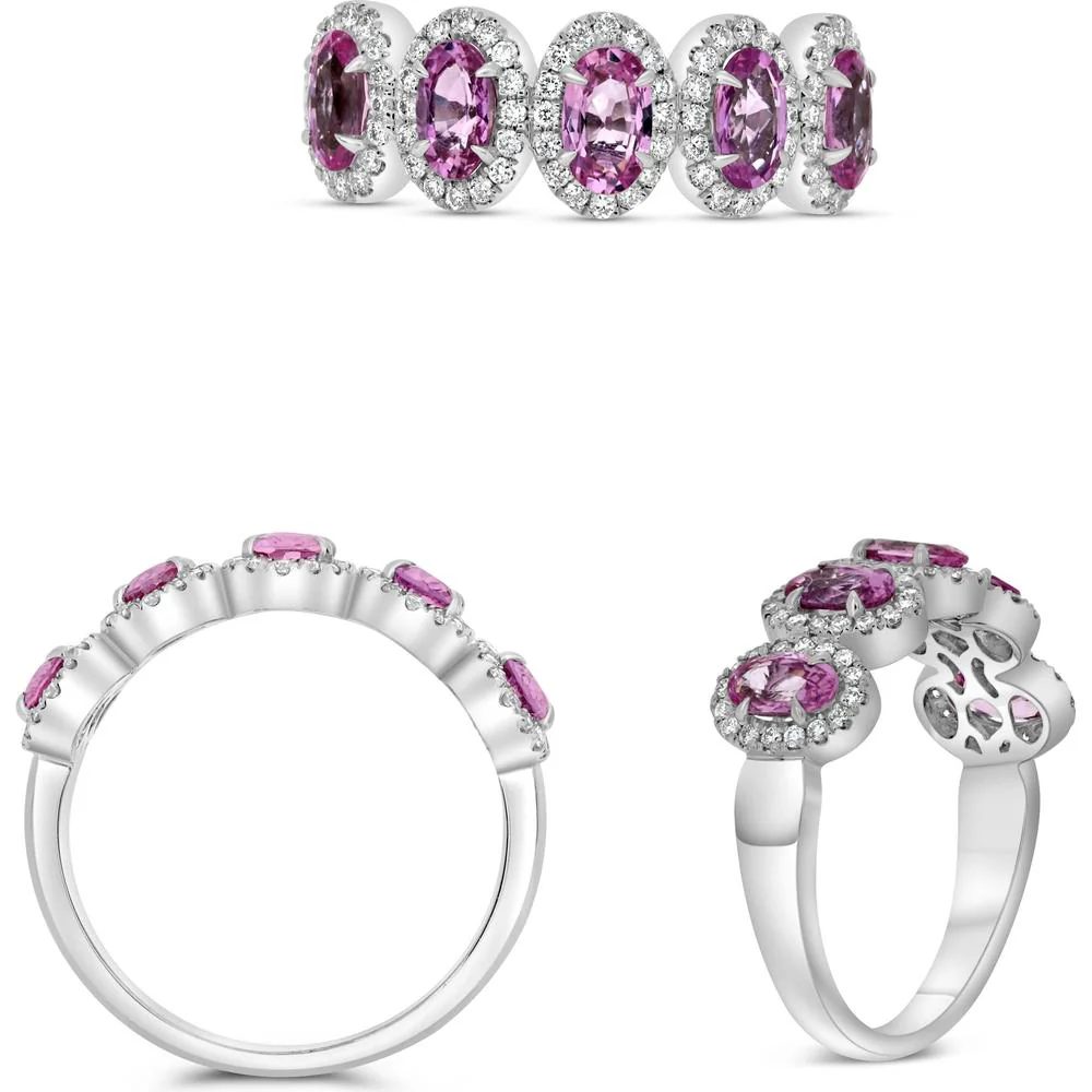 Roman & Jules - 14K White Gold Oval Pink Sapphire Ring with Round Diamond Halo - 1.34 Carat Total Sapphire Weight