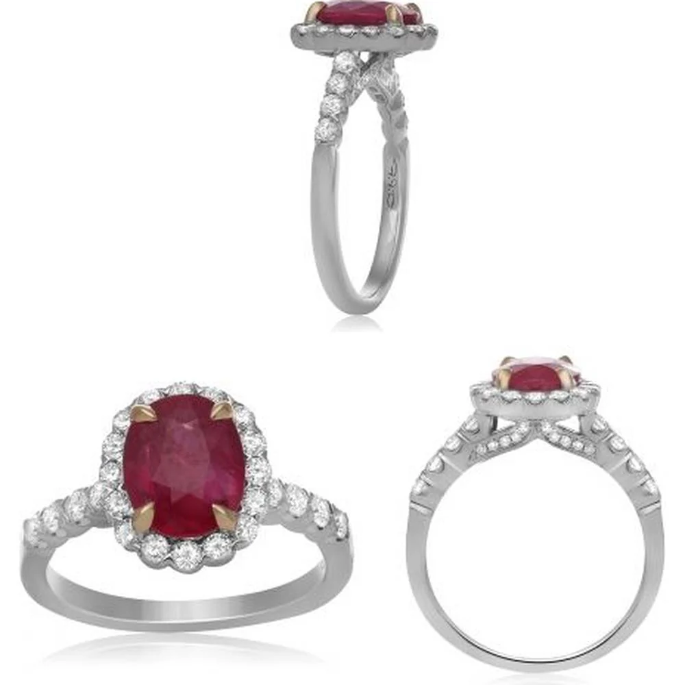Roman & Jules - 14K White Gold Oval Ruby and Round Diamond Halo Ring - 1.31 Carat Ruby and 0.65 Carat Total Diamond Weight