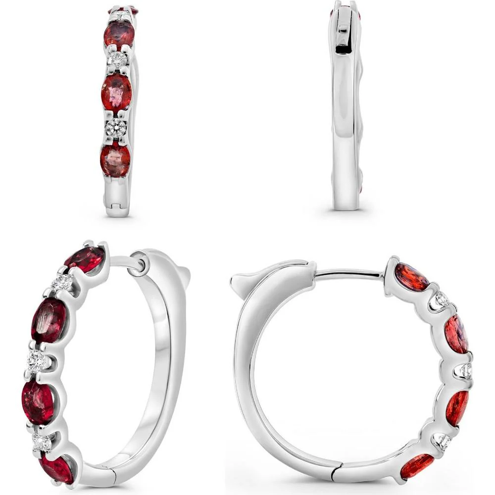 Roman & Jules - 14K White Gold Oval Ruby Hoop Earrings with Diamond Accents - 1.75 Carat Total Ruby Weight
