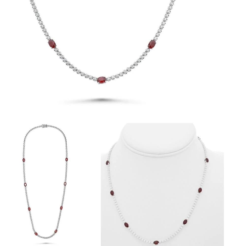 Roman & Jules - 14K White Gold Oval Ruby Necklace with Round Diamond Accents - 2.00 Carat Total Diamond Weight