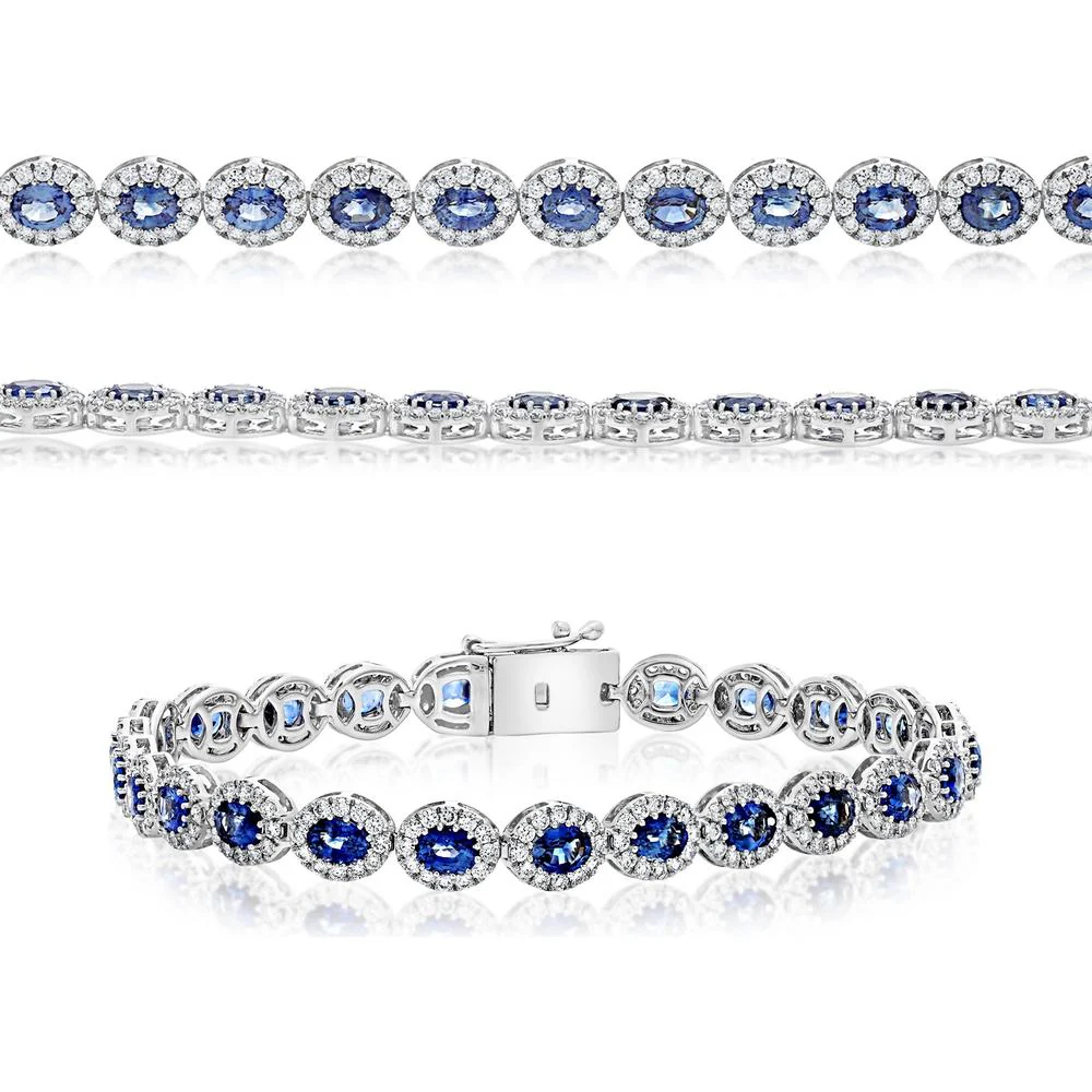 Roman & Jules - 14K White Gold Oval Sapphire and Diamond Halo Bracelet - 2.25 Carat Total Diamond Weight