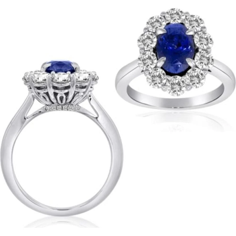 Roman & Jules - 14K White Gold Oval Sapphire Halo Ring with Round Diamonds - 1.48 Carat Total Sapphire Weight