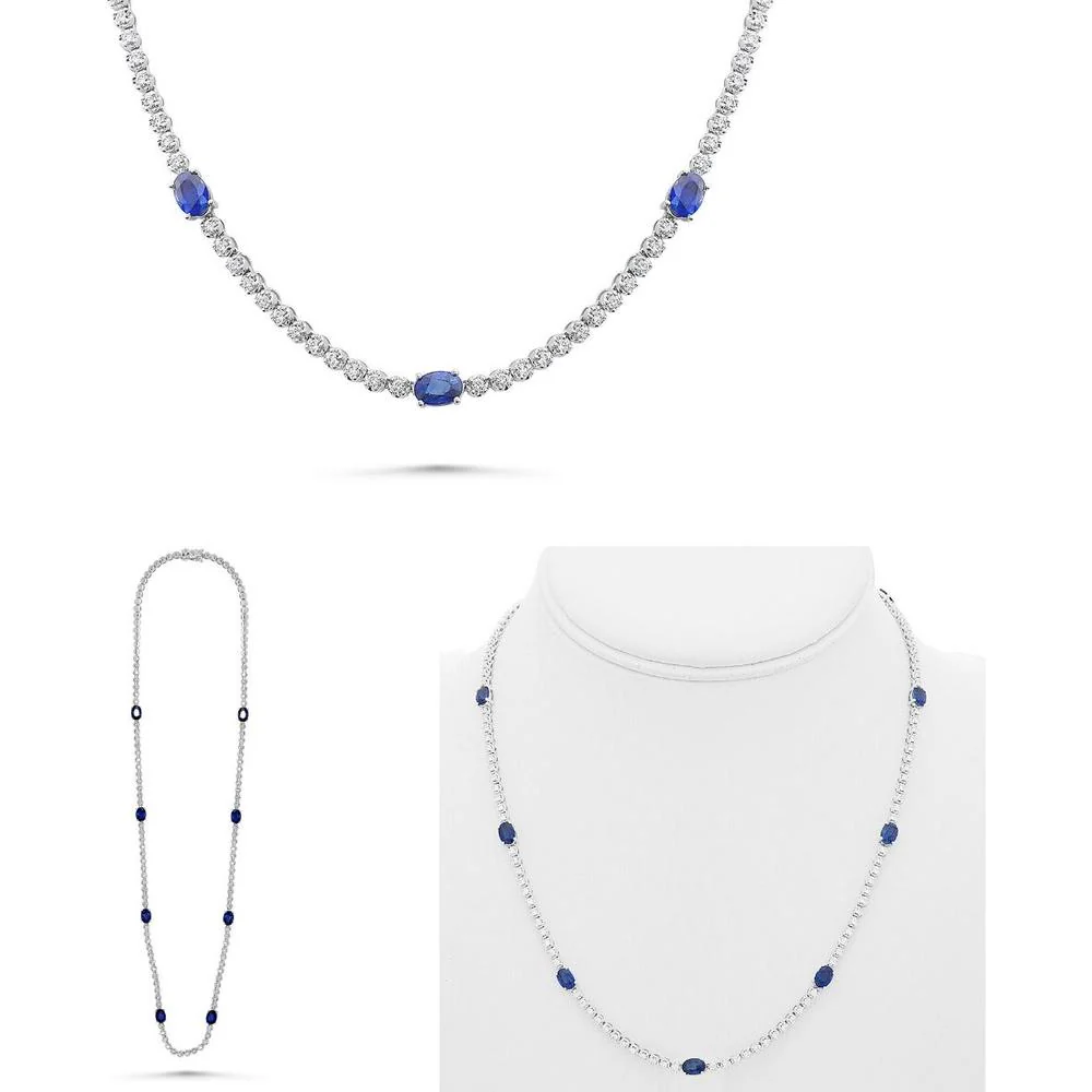 Roman & Jules - 14K White Gold Oval Sapphire Necklace with Round Diamond Accents - 2.00 Carat Total Diamond Weight