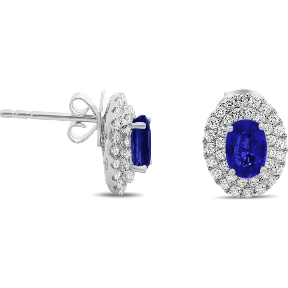 Roman & Jules - 14K White Gold Oval Sapphire Stud Earrings with Diamond Halo - 0.44 Carat Total Sapphire Weight, 1.48 Carat Total Diamond Weight