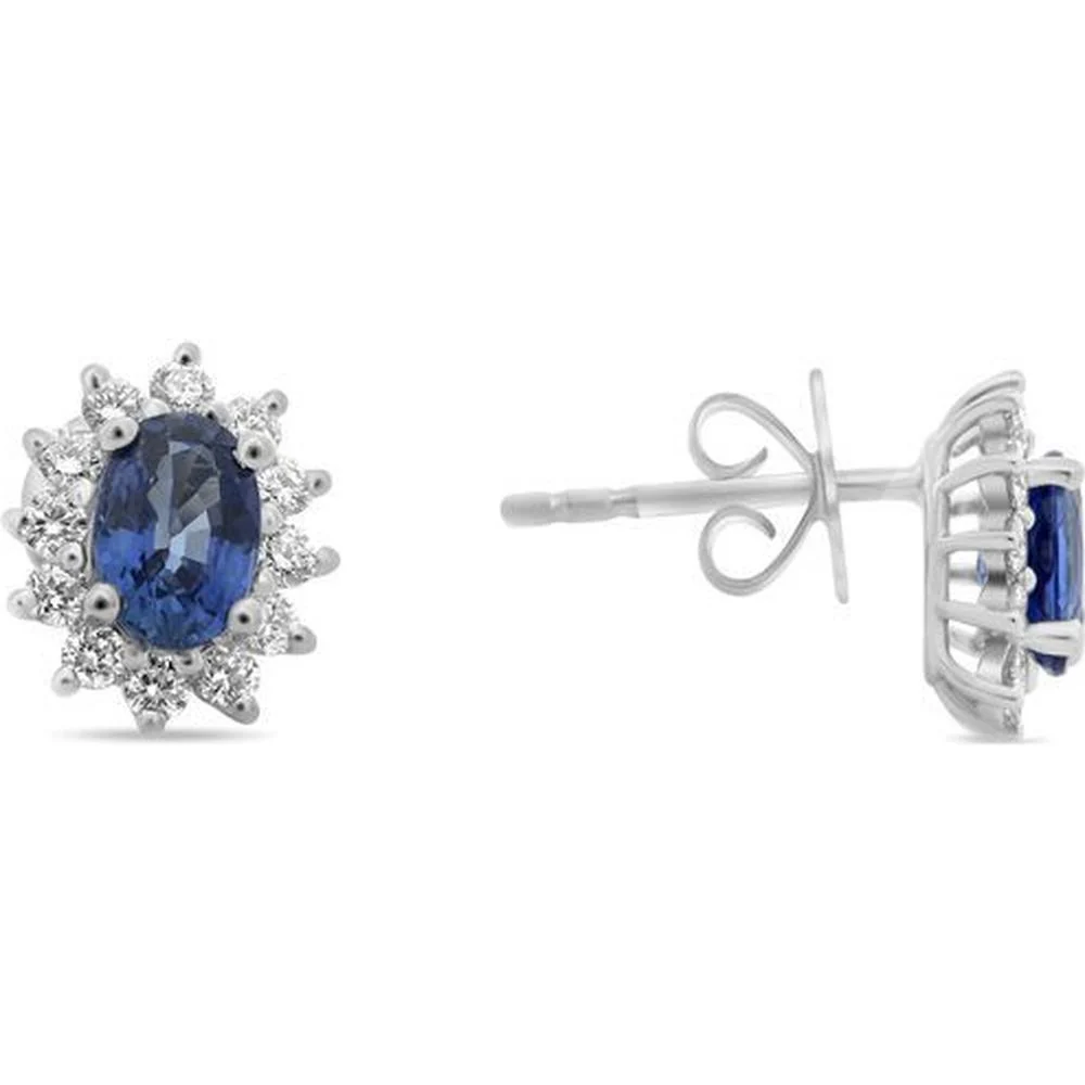 Roman & Jules - 14K White Gold Oval Sapphire Stud Earrings with Diamond Halo - 1.23 Carat Total Sapphire Weight