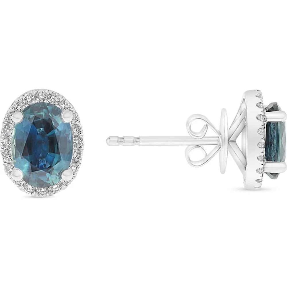 Roman & Jules - 14K White Gold Oval Sapphire Stud Earrings with Round Diamond Halo - 0.36 Carat Total Sapphire Weight