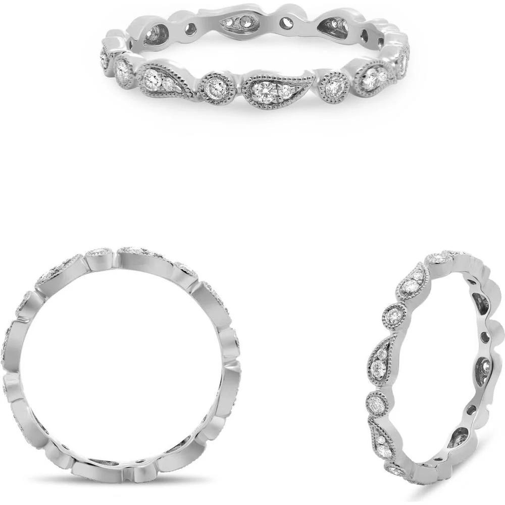 Roman & Jules - 14K White Gold Paisley Design Eternity Band with Round Diamonds - 0.22 Carat Total Diamond Weight