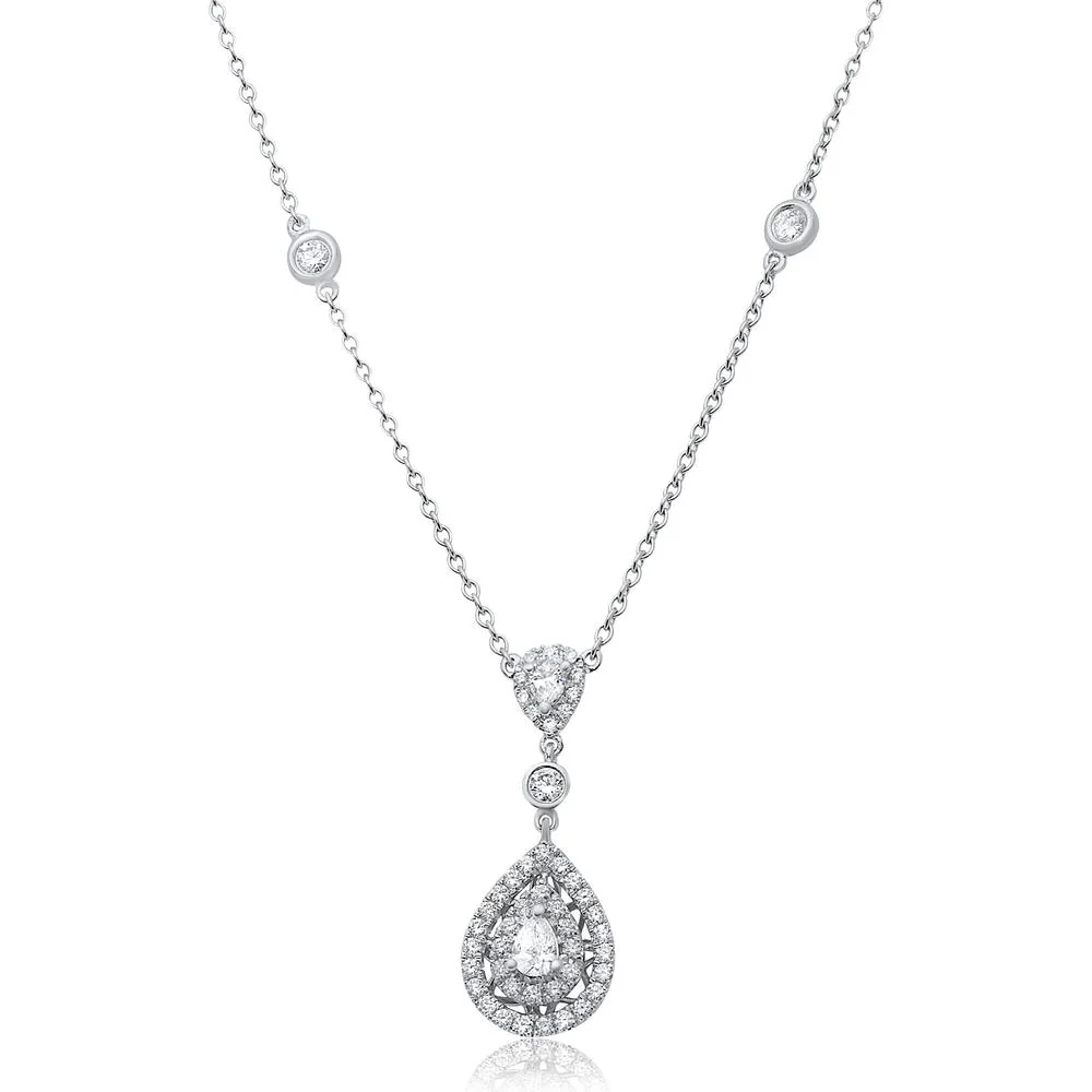 Roman & Jules - 14K White Gold Pear Shape Diamond Necklace with Halo - 1.10 Carat Total Diamond Weight