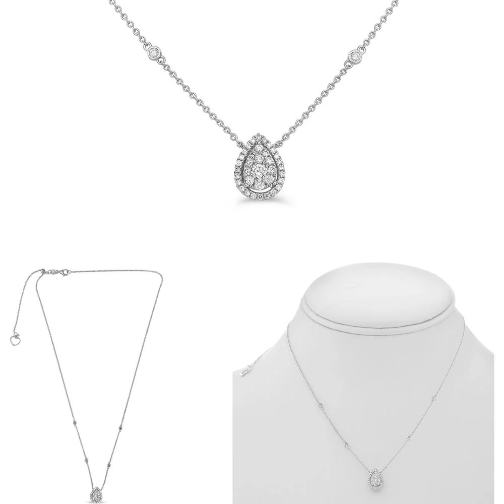 Roman & Jules - 14K White Gold Pear Shape Diamond Necklace with Round Diamond Halo - 0.33 Carat Total Diamond Weight