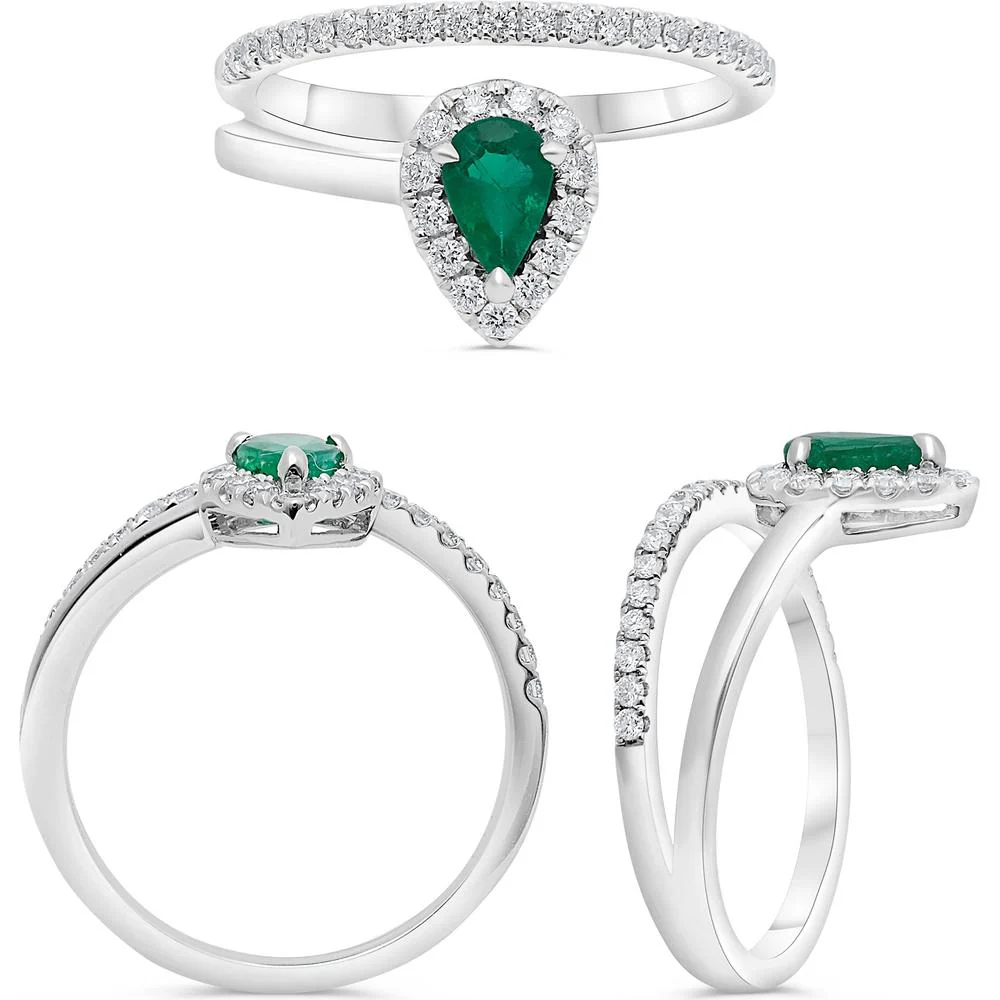 Roman & Jules - 14K White Gold Pear-Shape Emerald Ring with Round Diamond Halo - 0.35 Carat Emerald and 0.30 Carat Total Diamond Weight