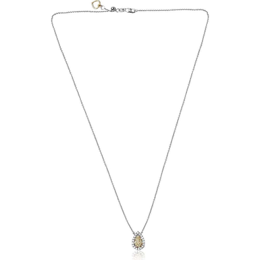 Roman & Jules - 14K White Gold Pear Shape Fancy Yellow Diamond Necklace with Round Diamond Cluster - 0.42 Carat Total Diamond Weight