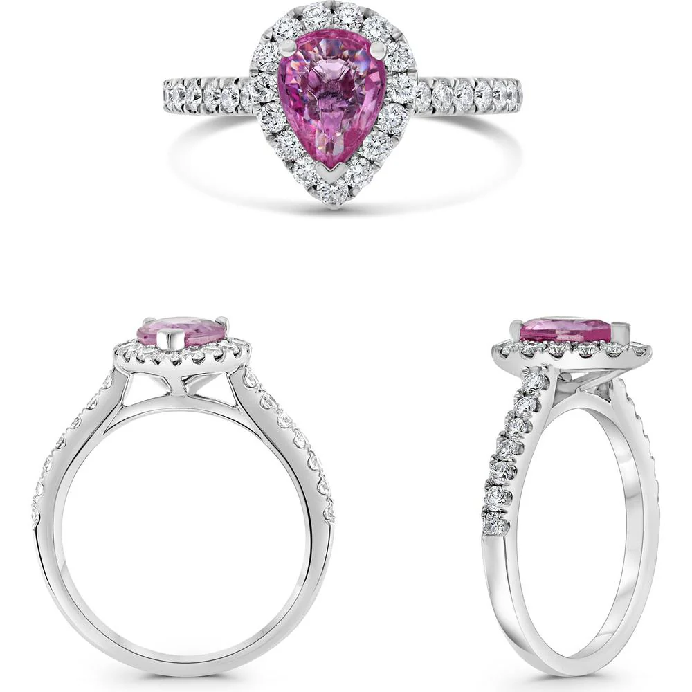 Roman & Jules - 14K White Gold Pear Shape Pink Sapphire Halo Ring with Round Diamonds - 1.36 Carat Total Gem Weight