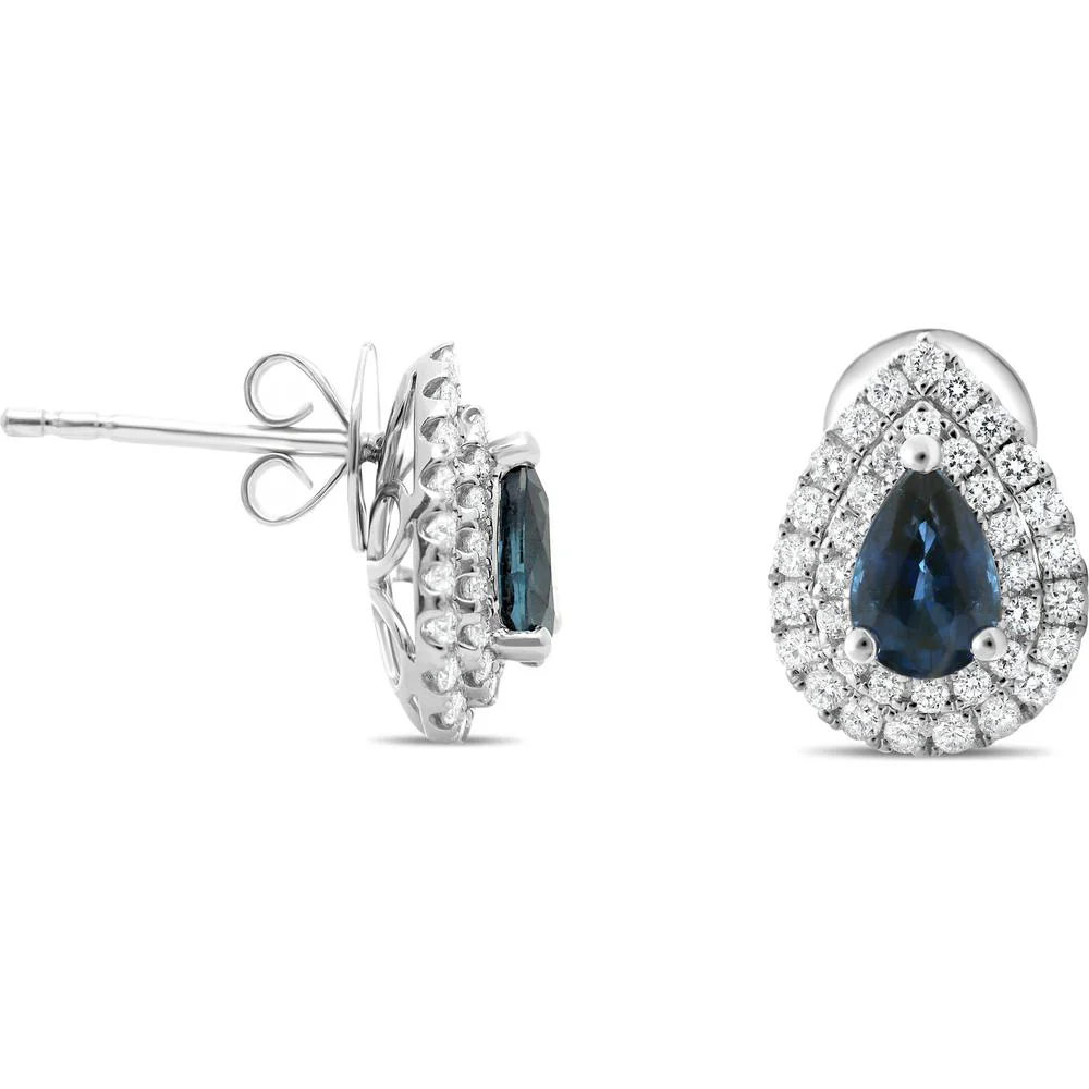 Roman & Jules - 14K White Gold Pear Shape Sapphire Earrings with Round Diamond Halo - 1.00 Carat Total Diamond Weight
