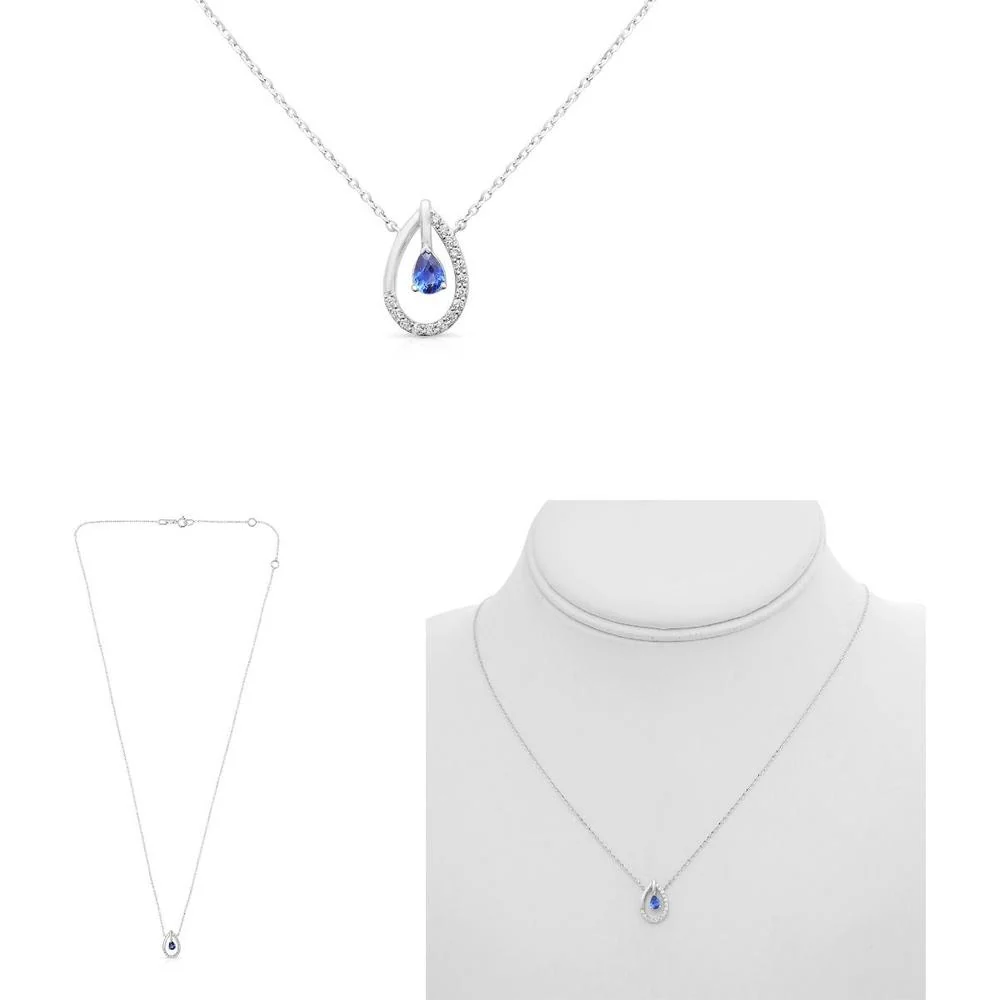 Roman & Jules - 14K White Gold Pear Shape Sapphire Necklace with Round Diamond Accents - 0.08 Carat Diamond Weight