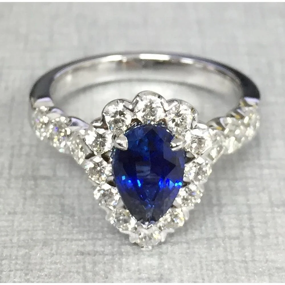 Roman & Jules - 14K White Gold Pear Shape Sapphire Ring with Diamond Halo - 0.63 Carat Total Diamond Weight