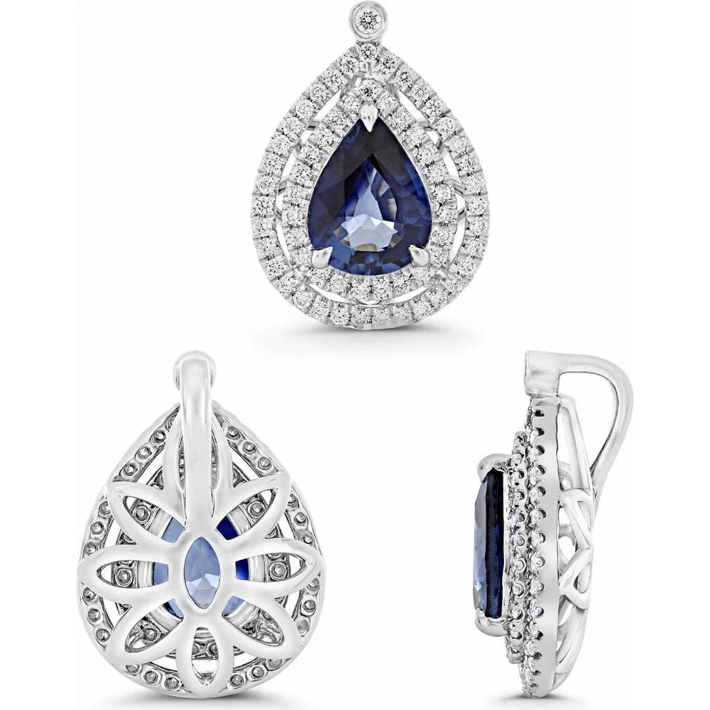 Roman & Jules - 14K White Gold Pear-Shaped Blue Sapphire Pendant with Double Diamond Halo - 1.25 Carat Sapphire and 0.21 Carat Diamond Total Weight