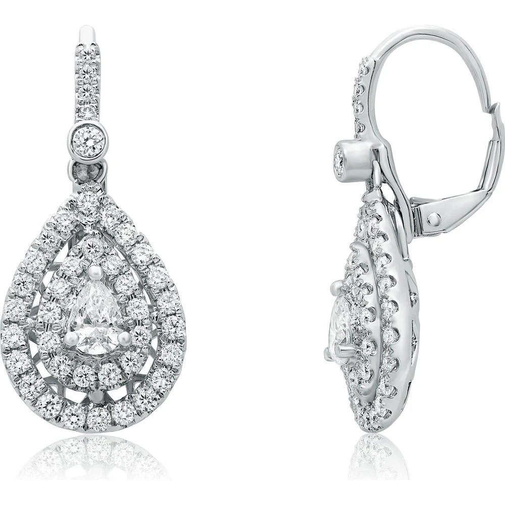 Roman & Jules - 14K White Gold Pear-Shaped Double Halo Diamond Drop Earrings - 1.40 Carat Total Diamond Weight