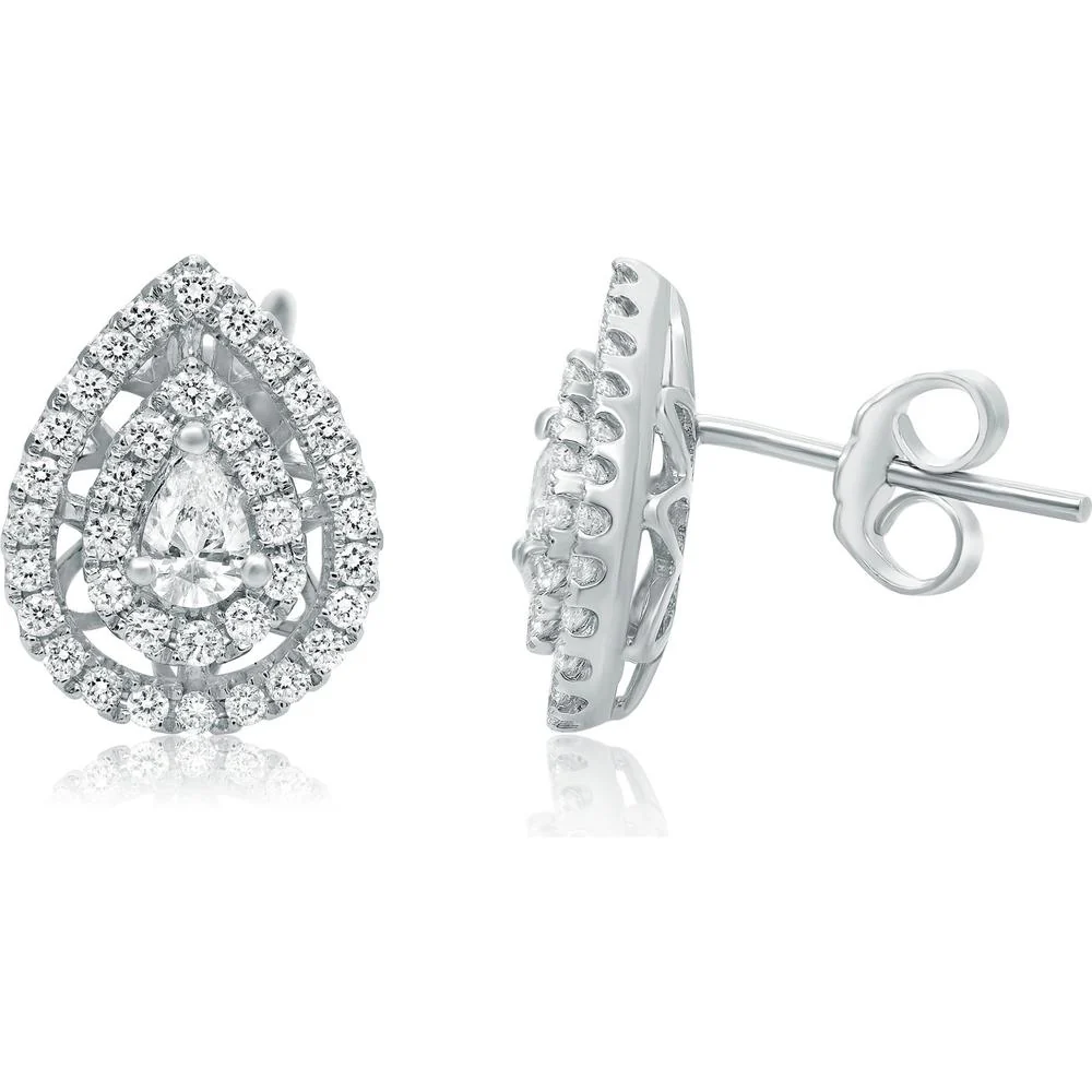 Roman & Jules - 14K White Gold Pear-Shaped Double Halo Diamond Stud Earrings with 0.30 Carat Pear Centers and 0.56 Carat Round Diamonds