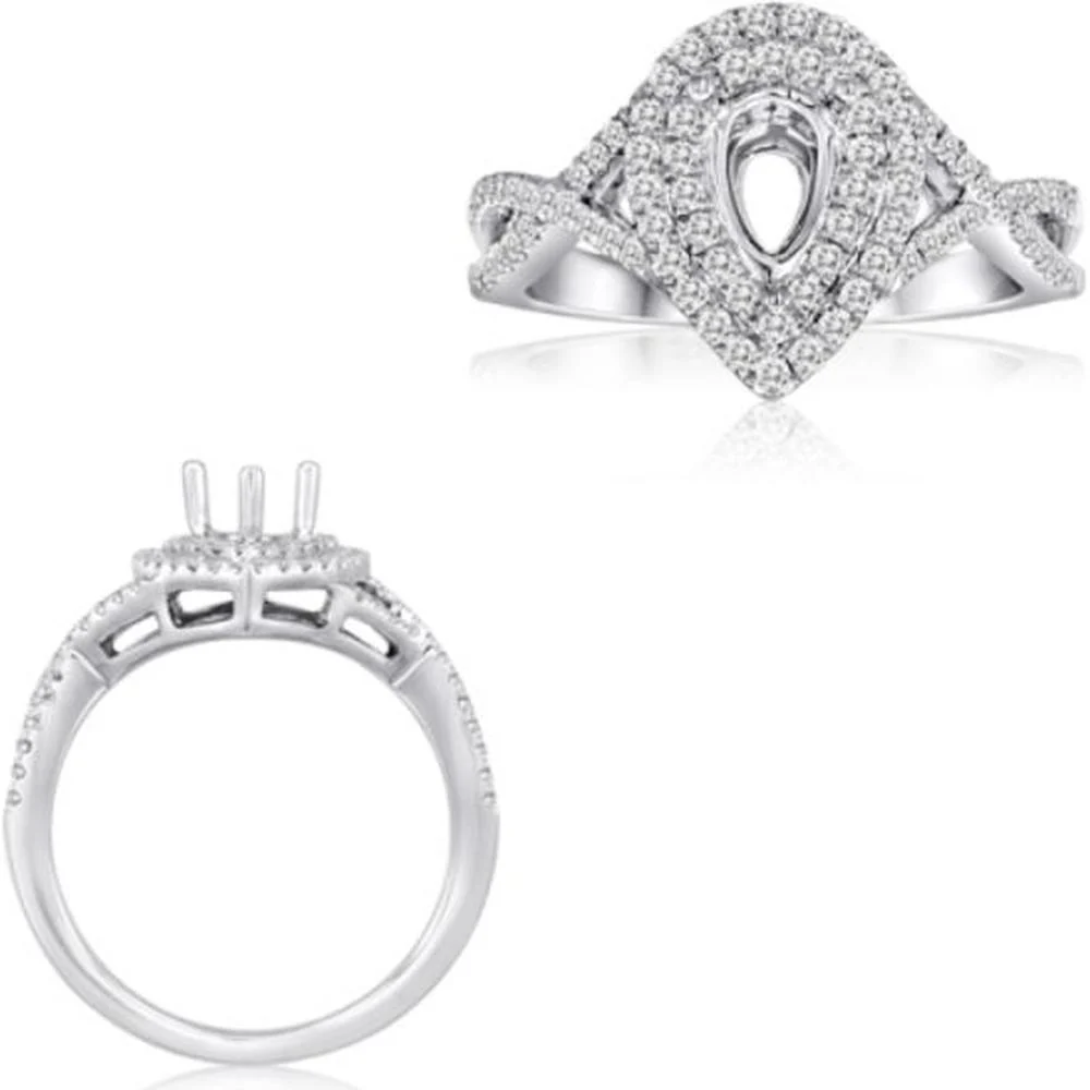 Roman & Jules - 14K White Gold Pear-Shaped Double Halo Ring with 0.44 Carat Round Diamonds
