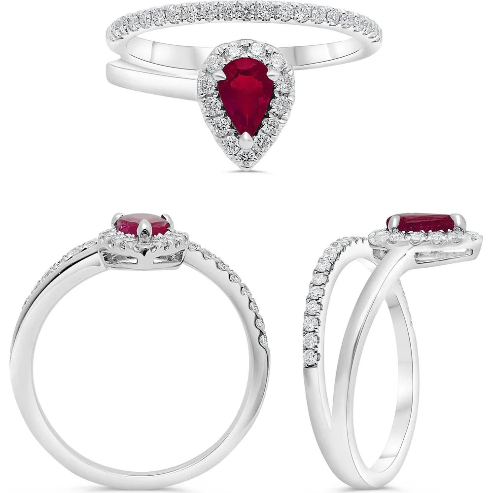 Roman & Jules - 14K White Gold Pear-Shaped Ruby Ring with Halo of Round Diamonds - 0.30 Carat Total Diamond Weight