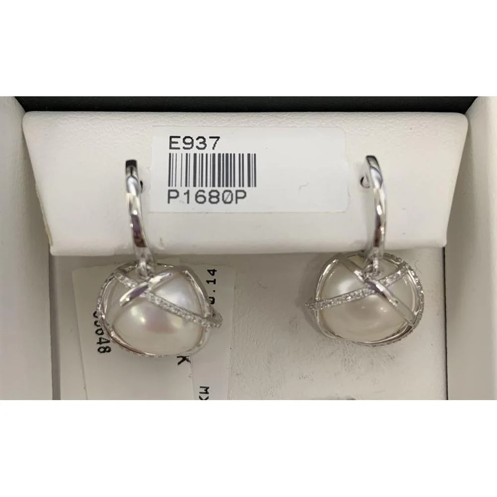 Roman & Jules - 14K White Gold Pearl Earrings with Round Diamonds - 0.29 Carat Total Diamond Weight