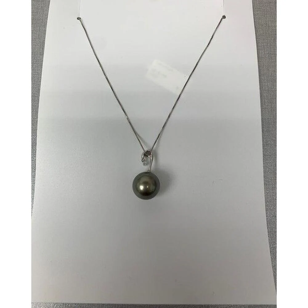 Roman & Jules - 14K White Gold Pendant Necklace with 12.5MM Pearl and 0.10 Carat Round Diamond